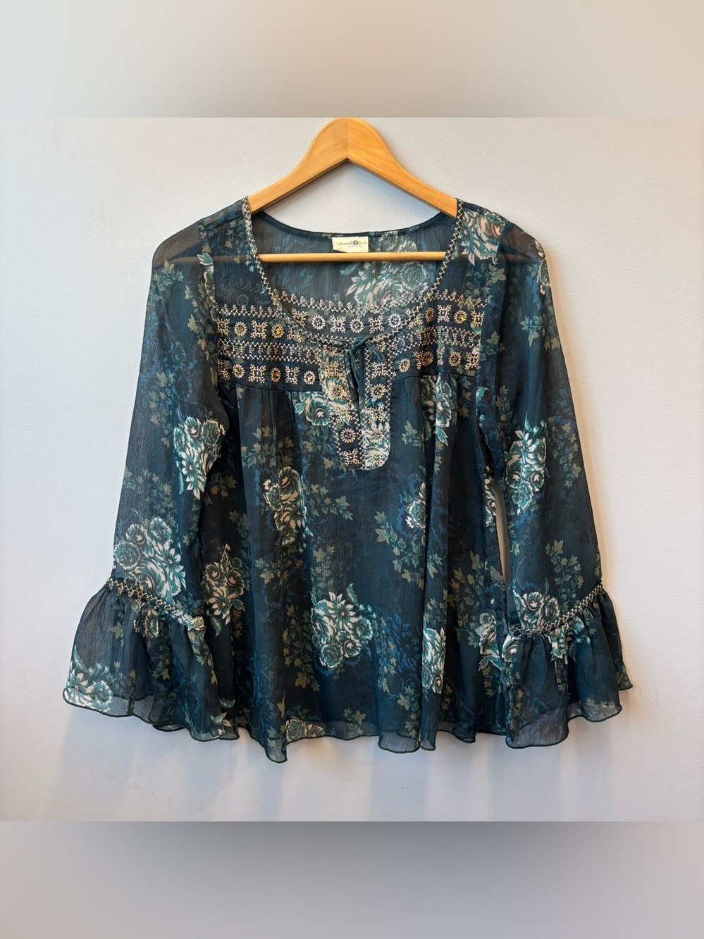 Natural Life Embroidered Sheer Floral Boho Peasant Top Tassel Tie Blouse Small